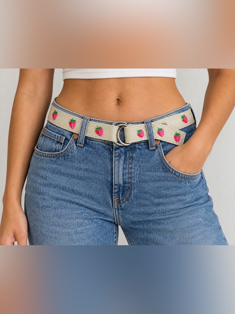 GAP Women’s Cream Strawberry Embroidered D Ring Belt Pink Fruit Y2K